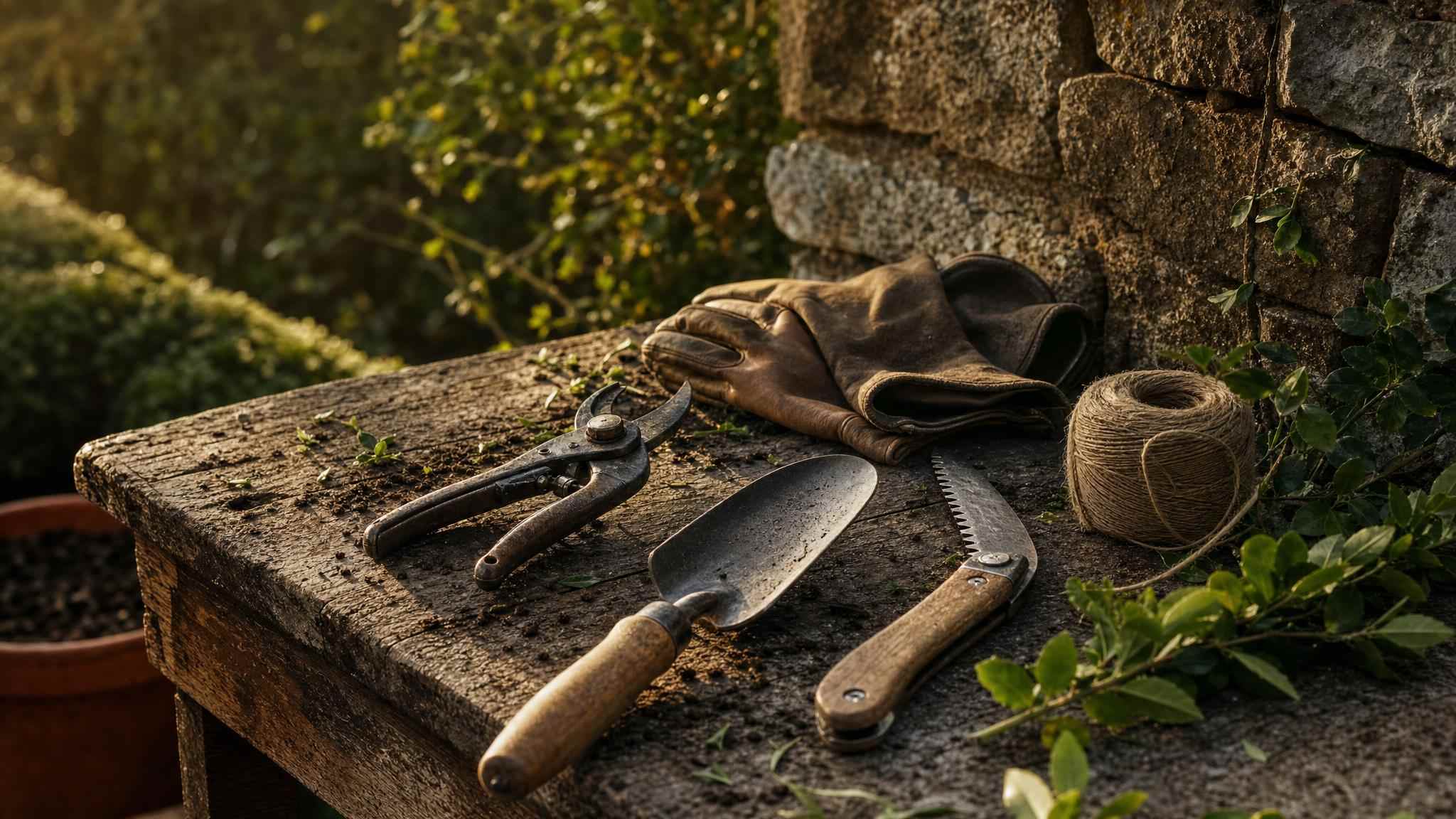 Gebrauchtes Gartenwerkzeug auf einer verwitterten Holzbank: Gartenschere, Handschaufel, Klappsäge und Schnur
