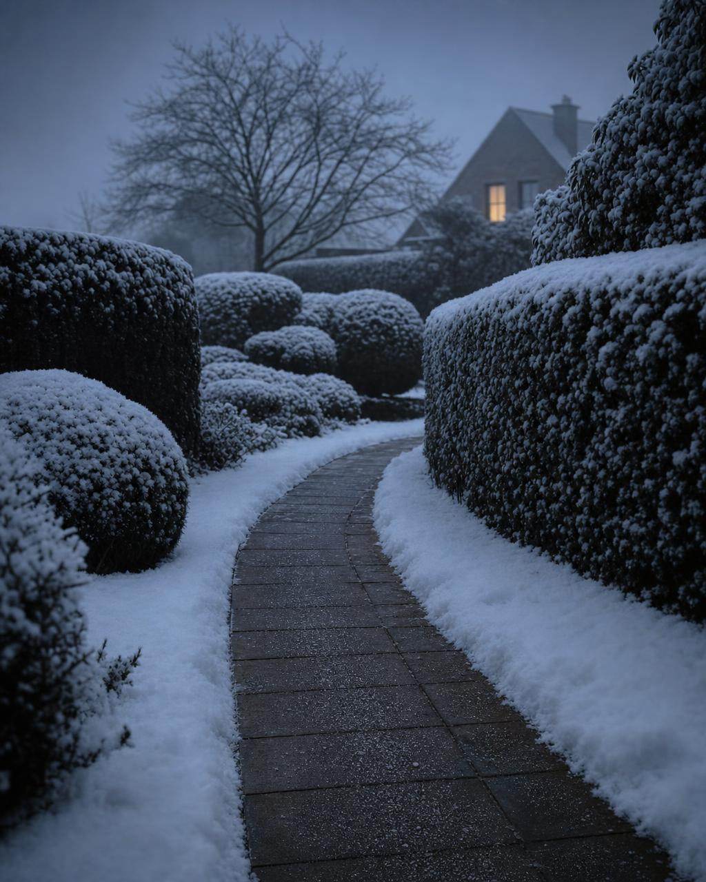 Geräumter und gestreuter Gartenweg zwischen schneebedeckten Hecken in der Morgendämmerung