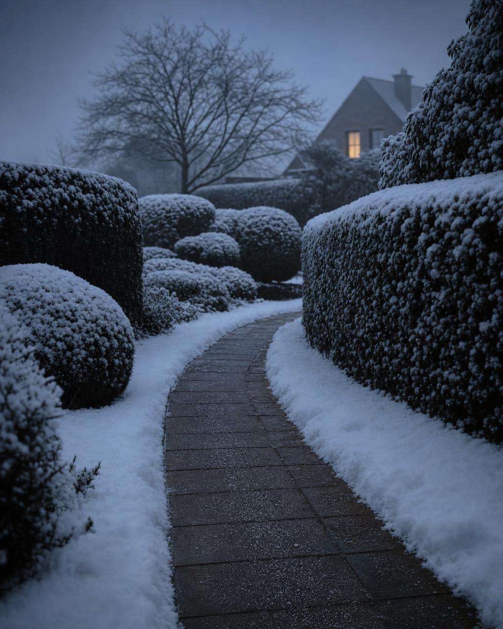 Geräumter und gestreuter Gartenweg zwischen schneebedeckten Hecken in der Morgendämmerung